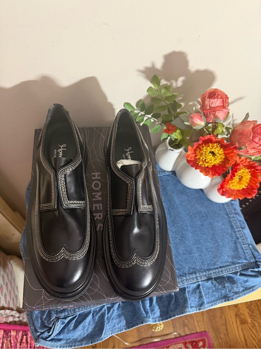 HOMERS Artisan Handcrafted Platform Derby Loafers in Black w/Contrast Stitching